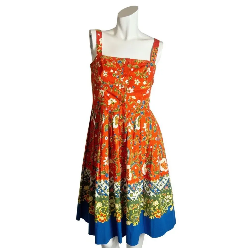 Tory Burch Fernanda Samba Batik Tomato Red Floral Summer Dress Size 4